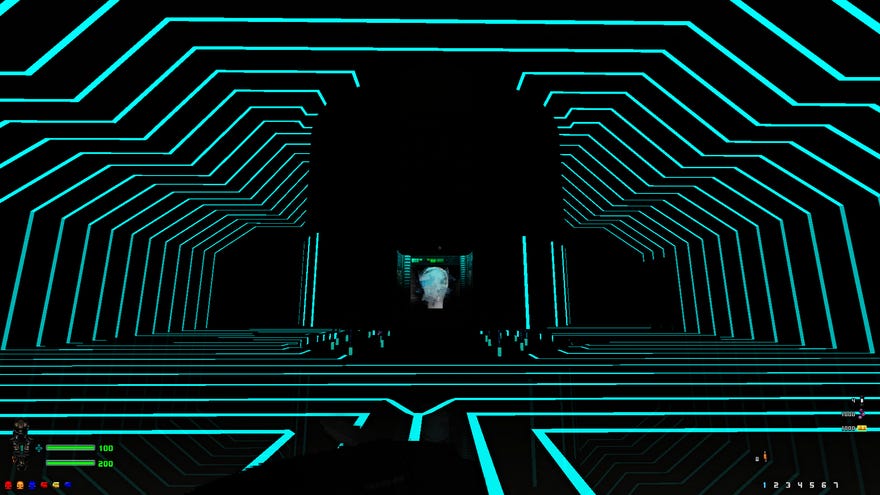 A screenshot from Doom mod Siren, showing a strange interior made up of parallel glowing green lines, with a terminal dimly visible in the distance.