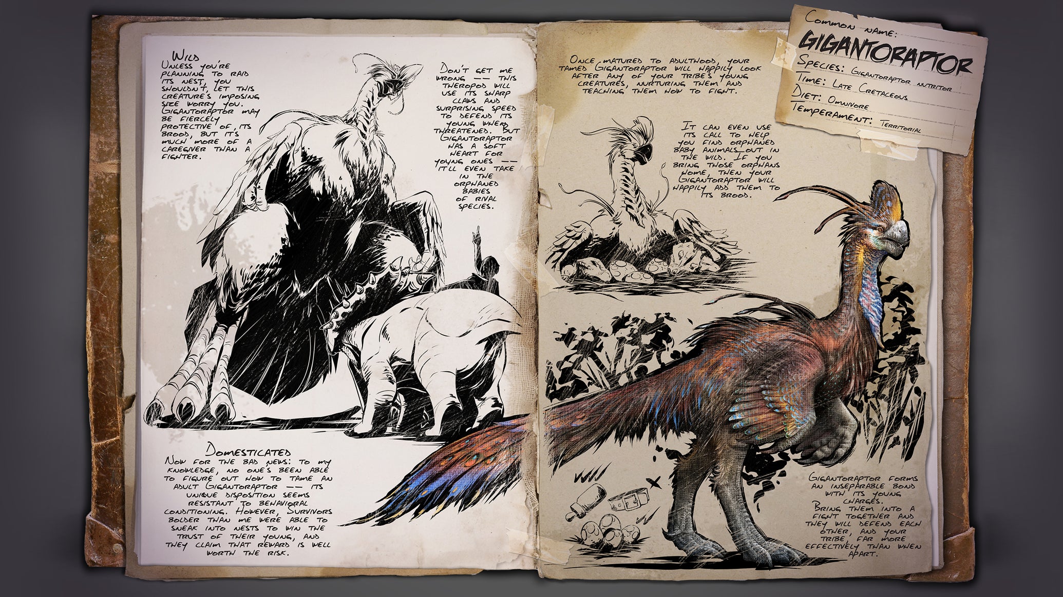 An in-game book drawing of a feathery dinosaur - 1