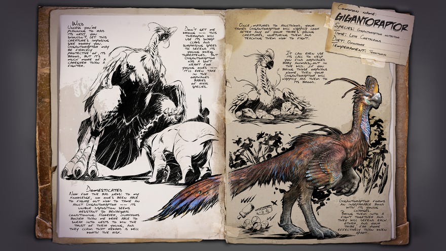 An in-game book drawing of a feathery dinosaur