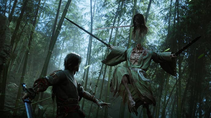 A demonic swordsmen with a detachable caput gripping a sword betwixt its teeth, warring another, much quality swordsman successful a bamboo wood from Swords Of Legends