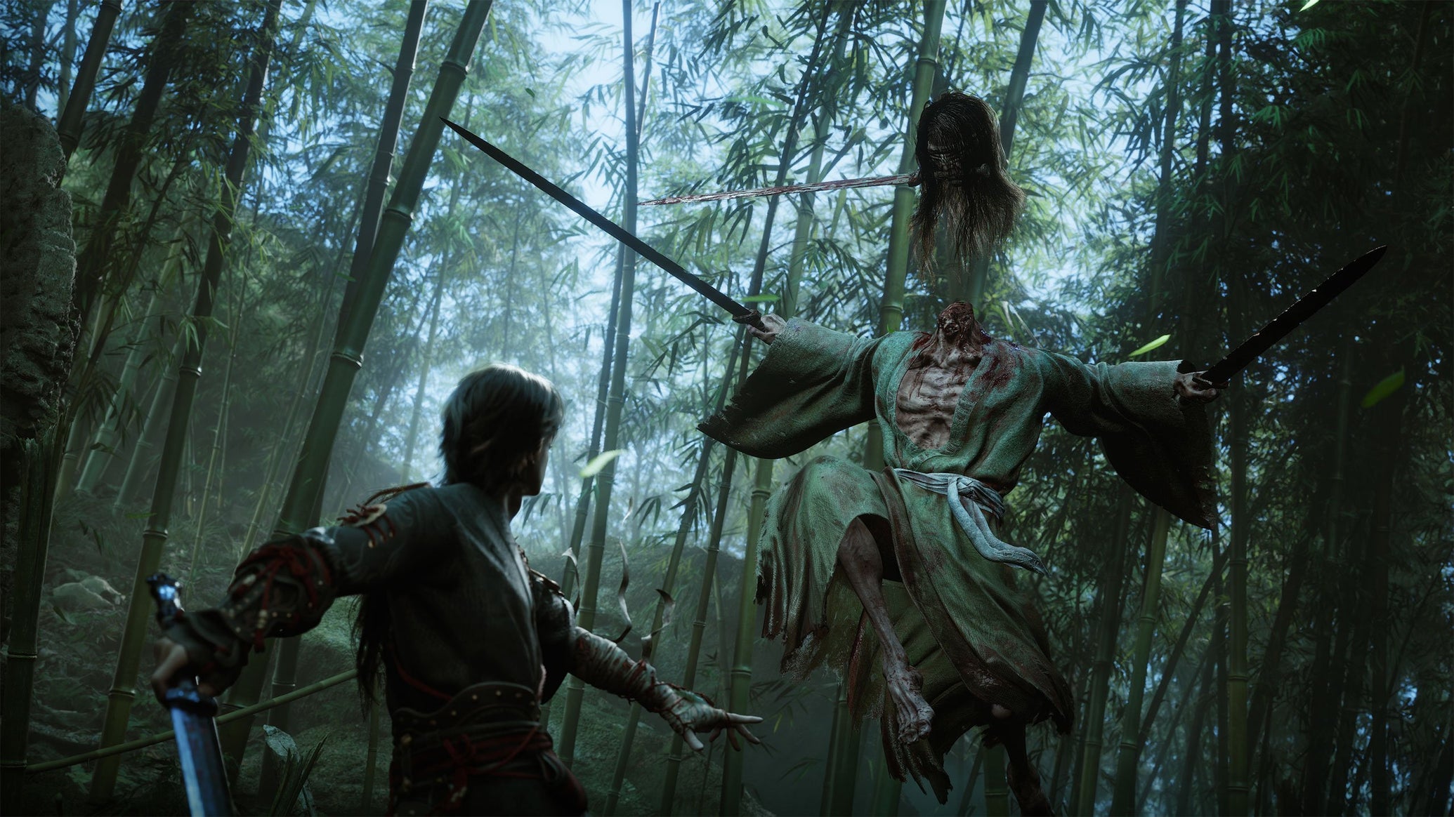 A demonic swordsmen with a detachable head gripping a sword between its teeth, fighting another, more human swordsman in a bamboo forest from Swords Of Legends - 1