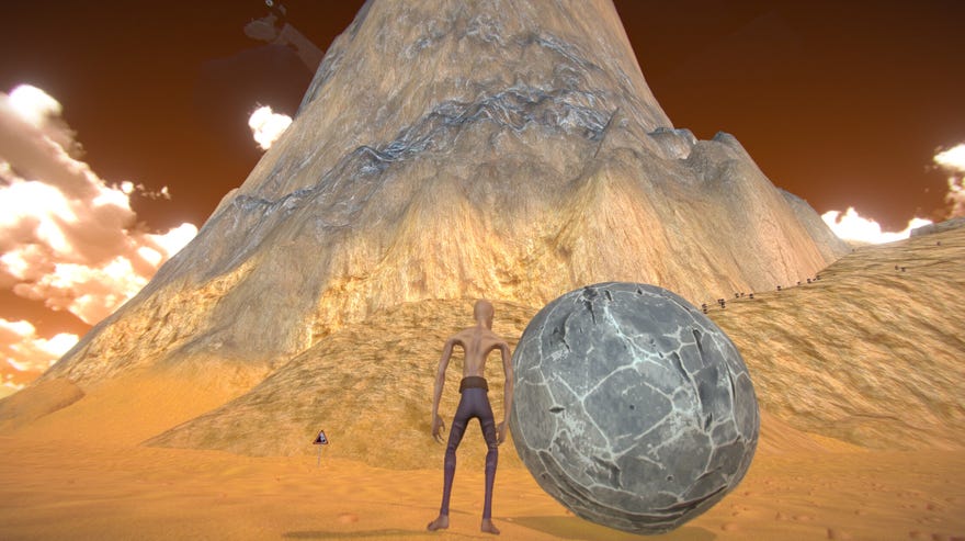 A scrawny depiction of Sisyphus, standing at the bottom of the mountain with his boulder