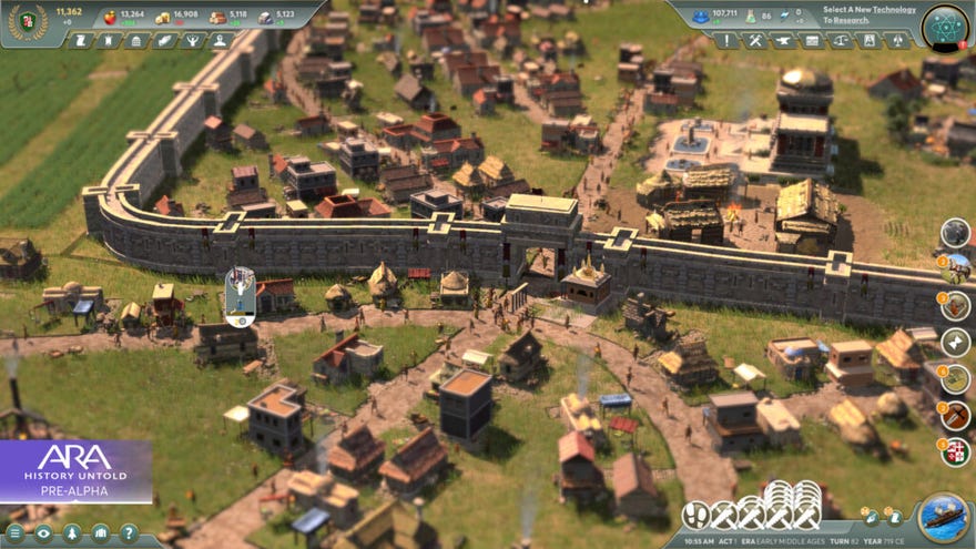 A screenshot of a sunny walled city in 4X strategy game Ara: History Untold.