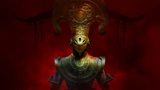 Remnant 2 key art showing the Empress facing head on centre-screen, in a resplendent gold armour and headpiece combo, in front of a smokey, blood-red background.