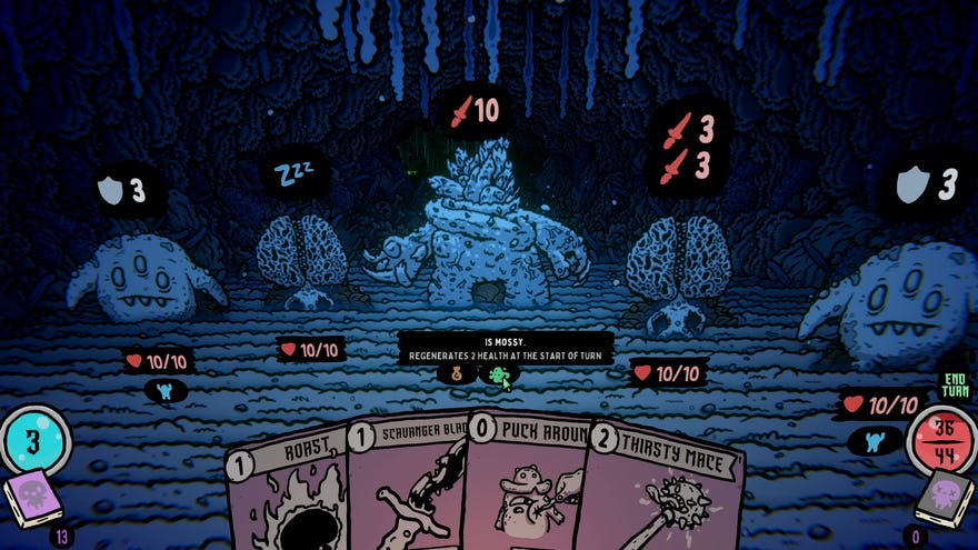 A bunch of papery 2D mushroom warriors facing off with you as you shoot nasty RPG cards at them in first-person