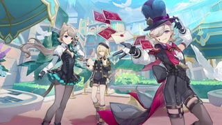 A screenshot of the new heroes added by Genshin Impact's 4.0 update, including a magician in a top hat throwing cards.