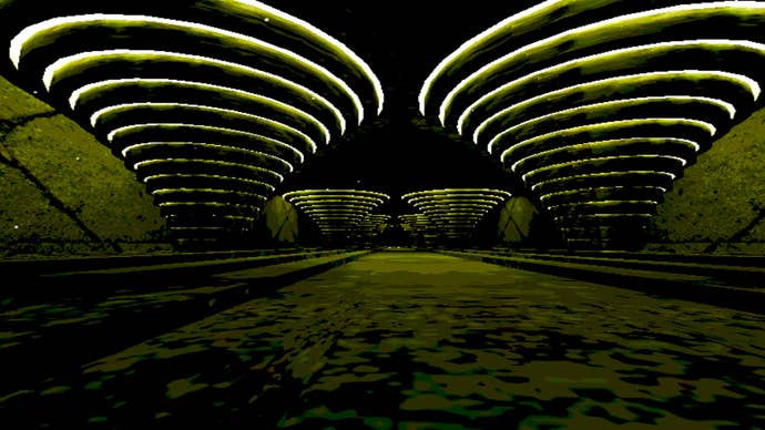 An imposing green-yellow hallway with curving, ribbed, luminous columns from Shovel Game.