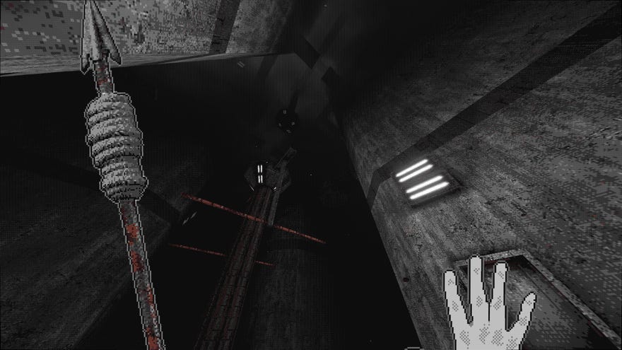 A view up a horrible dark tunnel with a spear in White Knuckle