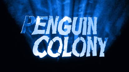 The words "Penguin Colony" written successful vaporous glowing superior letters connected a achromatic background, successful homage to fearfulness movie The Thing.