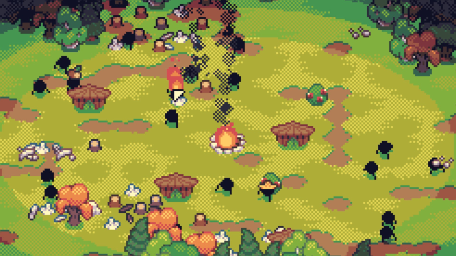 A bunch of weird little critters scurrying around a campfire in Build The Sun, holding logs and stones - 1