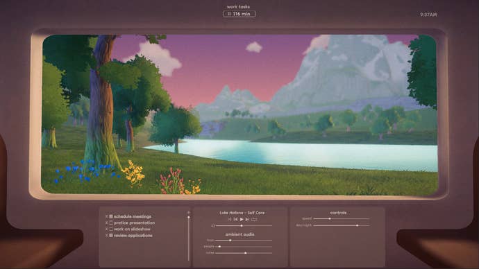 A view of a lake and trees from a train window in productivity tool On Track