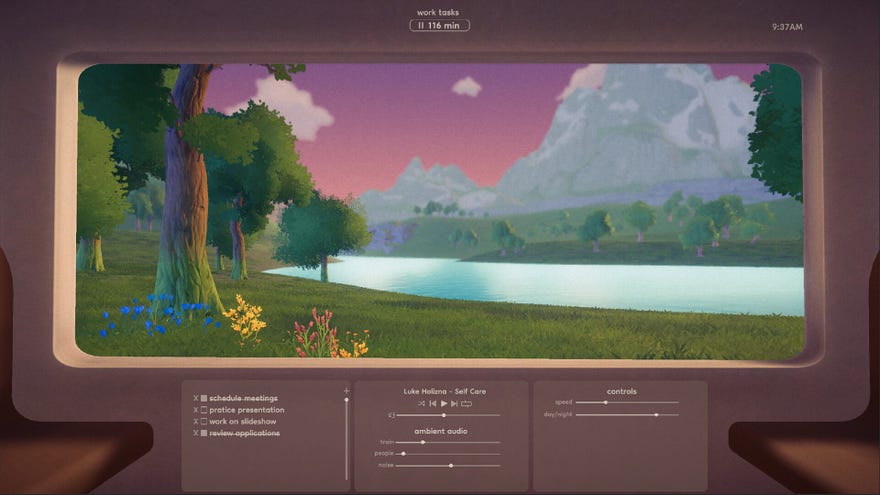 A view of a lake and trees from a train window in productivity tool On Track