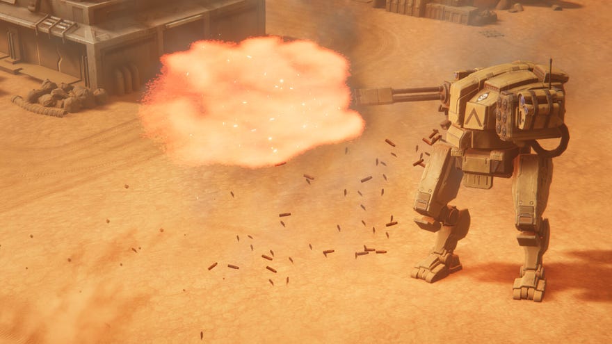 A mech shooting a big boomy bullet in Menace