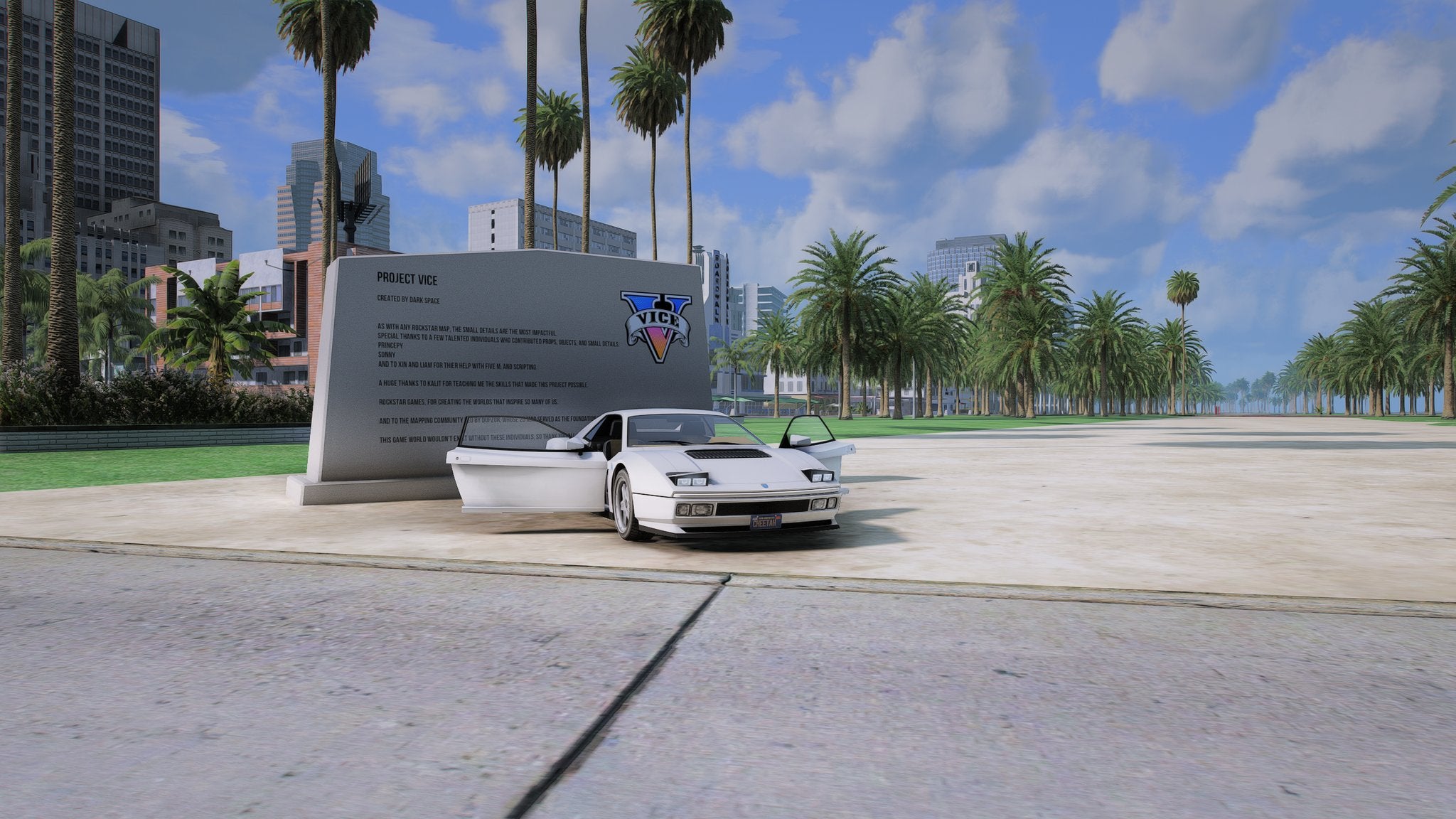 A white car parked near palm trees by a stone sign in the GTA 6 Project Vice mod for GTA 5. - 1