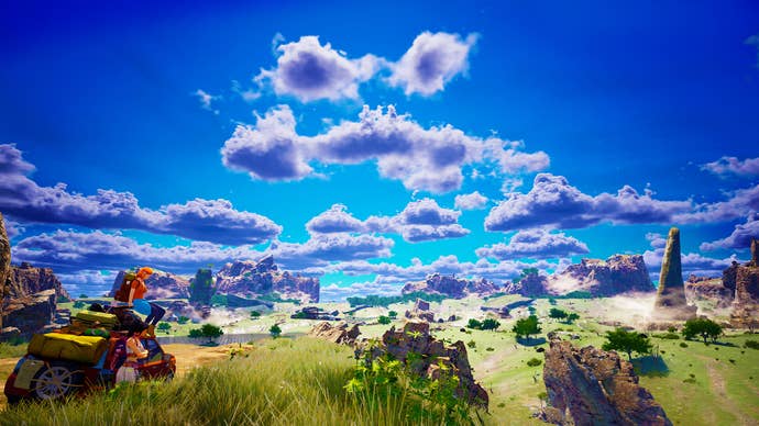 A view of wide blue cloudy skies in backpacking RPG Albatroz with a yellow car and hiker in the bottom left