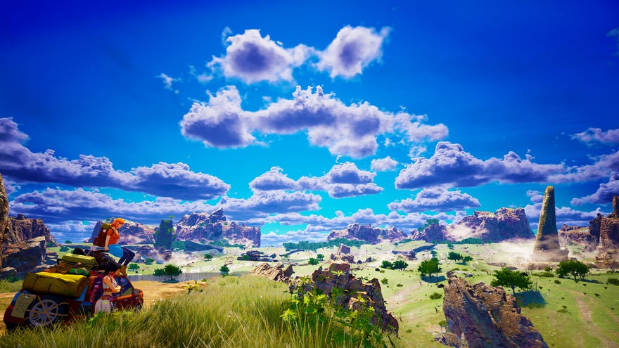A view of wide blue cloudy skies in backpacking RPG Albatroz with a yellow car and hiker in the bottom left