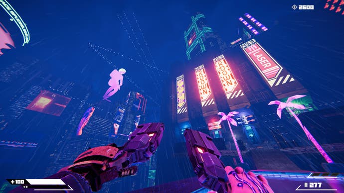A screenshot of Turbo Overkill showing a neon cyberpunk skyline.