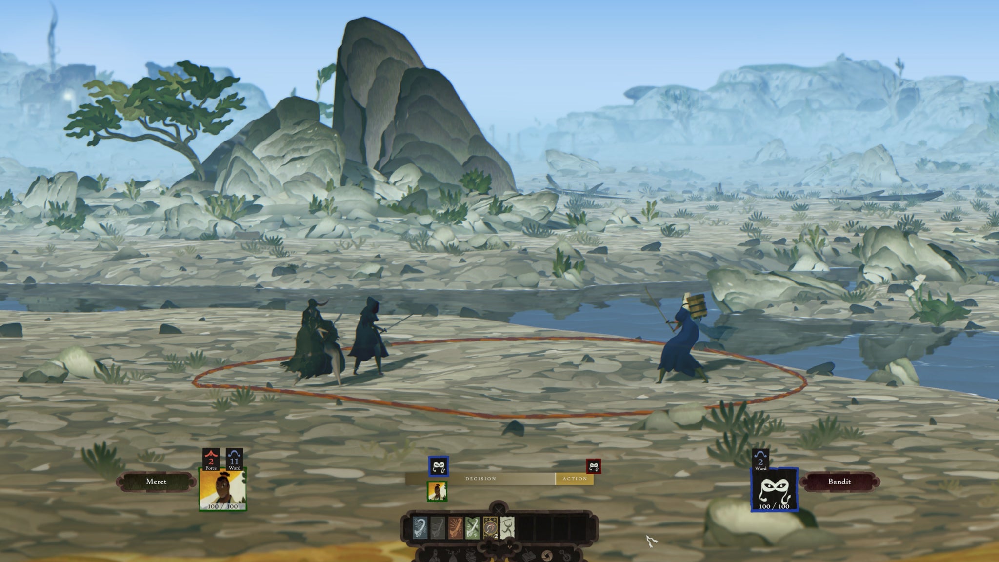 A scene of combat beside a river with misty mountains and trees in the distance in Book Of Travels - 12