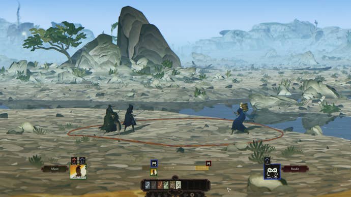 A scene of combat beside a river with misty mountains and trees in the distance in Book Of Travels