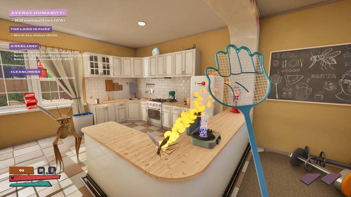 A mosquito getting struck by a fly swatter and flaming out comically in asymmetrical multiplayer game The Mosquito Gang