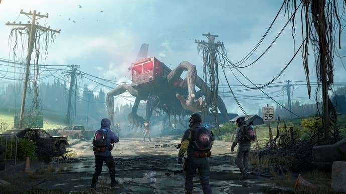 Three meta-humans stare up at an animated school bus stomping up the road, walking on its huge sinewy arms