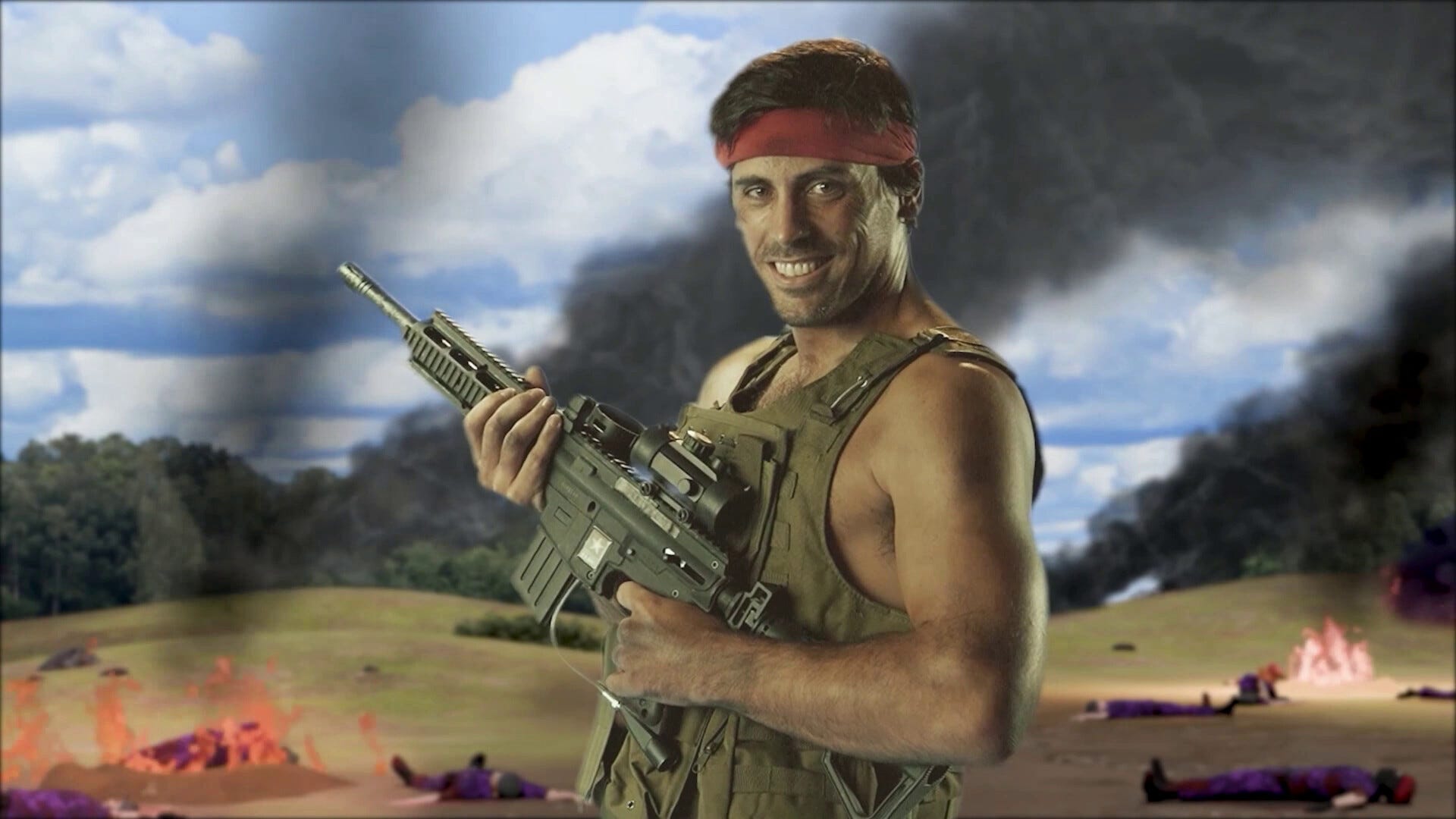 A unrecorded  enactment   cutscene of a daft-looking worker  with a reddish  bandana from C&C homage Dying Breed.