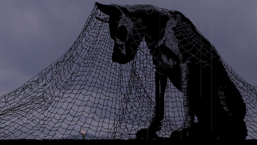 A huge dog statue under a net in Love Eternal
