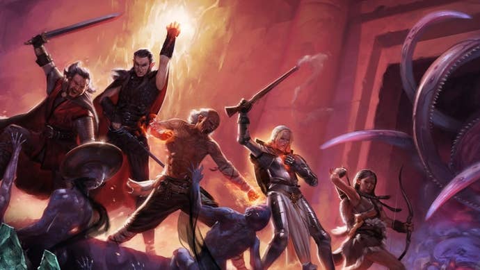 A close-up of an artwork of Pillars of Eternity warriors fighting hordes of monsters in a cave
