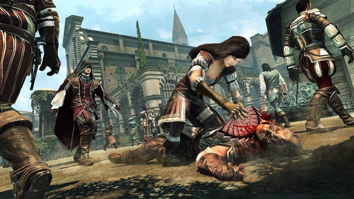 A courtesan murdering somebody with a razor fan in Assassin’s Creed Brotherhoods multiplayer, surrounded by other characters who could be assassins too