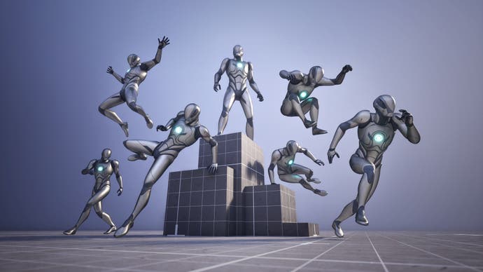 Epic Games artwork showing a 3D manikin leaping over blocks.