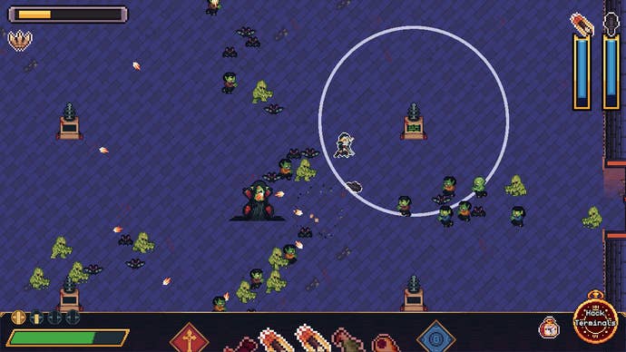 A nun fighting waves of undead in top-down pixelart shooter Moon Watch