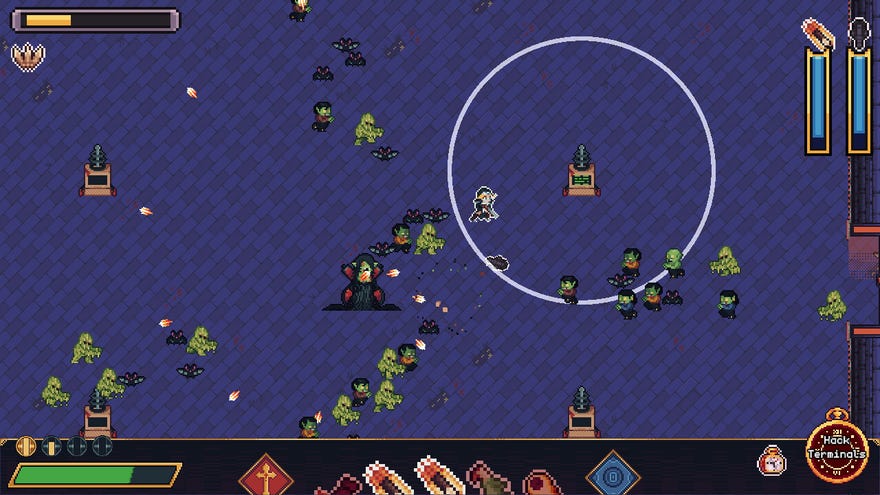 A nun fighting waves of undead in top-down pixelart shooter Moon Watch