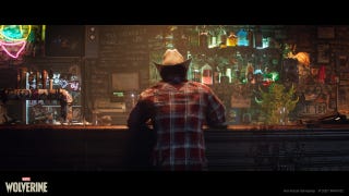 A screenshot of Insomniac's Wolverine game, showing the title character seated at a bar from behind