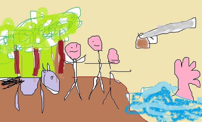 A really bad Microsoft Paint drawing of some people and a horse watching an arm come out of a lake and throw a shotgun at them