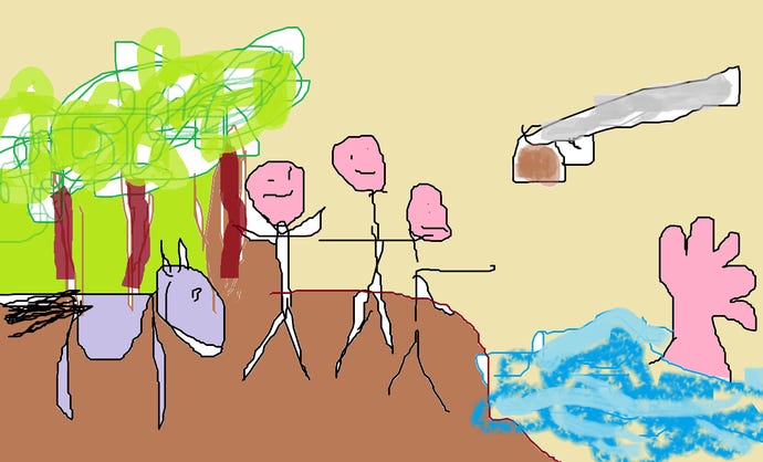 A really bad Microsoft Paint drawing of some people and a horse watching an arm come out of a lake and throw a shotgun at them
