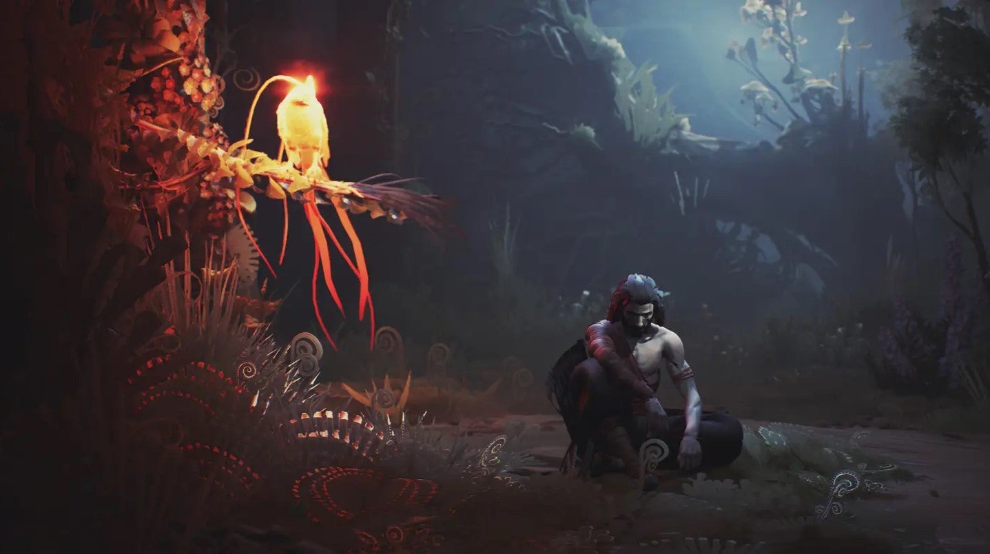 A partly clad young masculine character kneeling in a dark wilderness area with a glowing firebird on a branch nearby, from the cancelled game working-titled Project 8. - 1