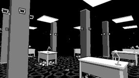 A black-and-white office with desks, ceiling lights and carpet patterns disappearing into darkness. Also pillars featuring CCTV cameras, all looking at you. From the videogame Pager.