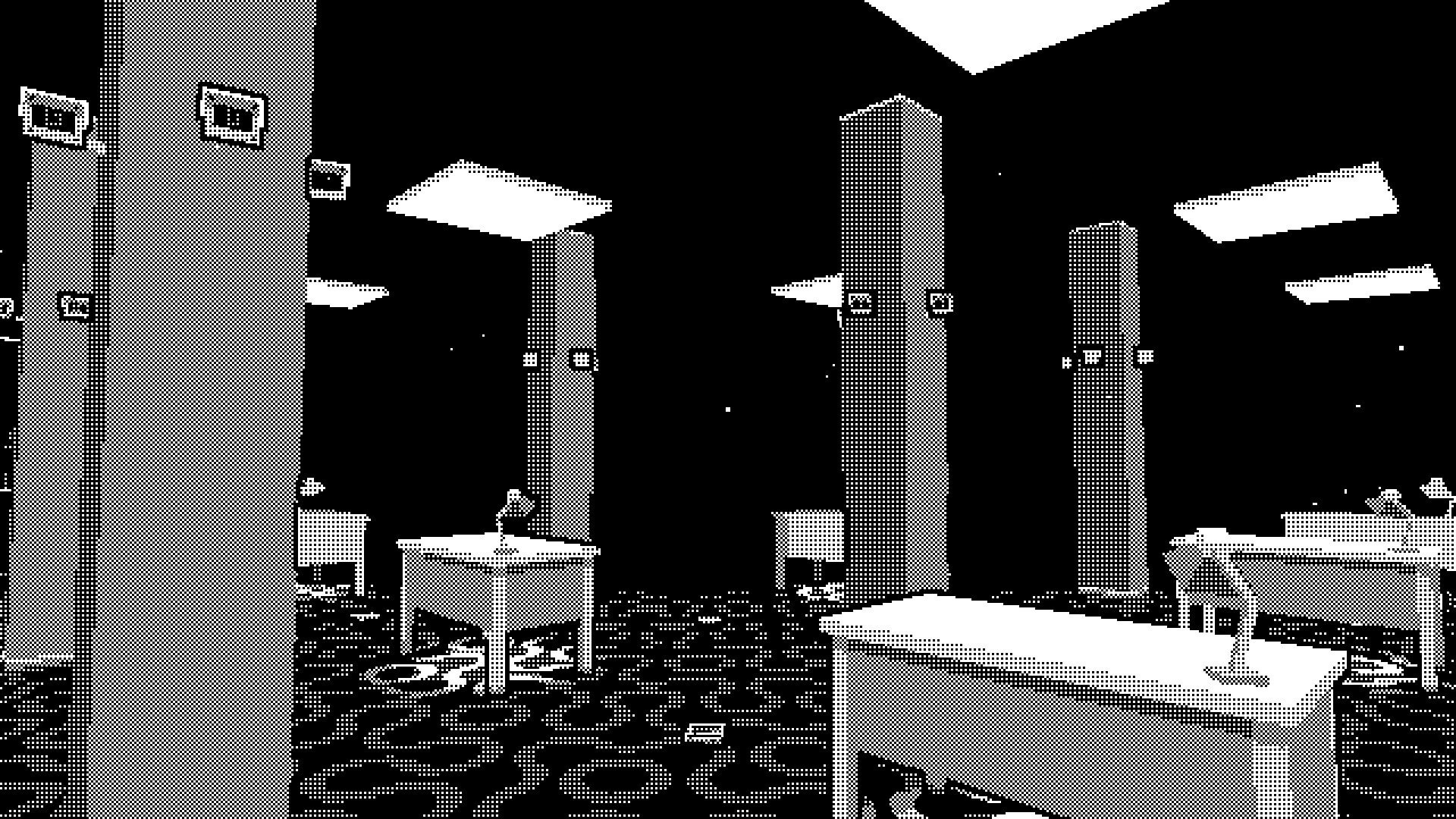 A black-and-white bureau   with desks, ceiling lights and carpet patterns disappearing into darkness. Also pillars featuring CCTV cameras, each  looking astatine  you. From the videogame Pager.