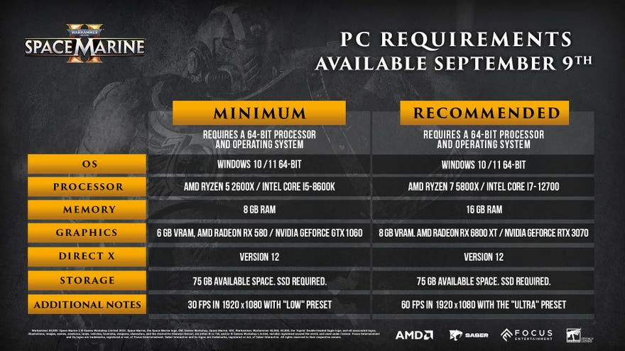 The system requirements for Warhammer 40,000: Space Marine 2