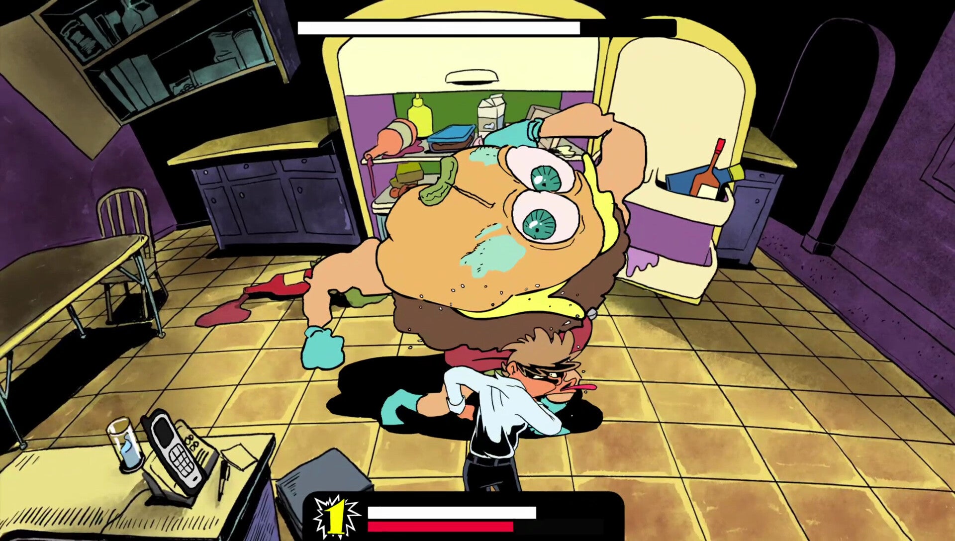 A sentient giant hamburger punching a guy in the face in Leftovers KO! - 1