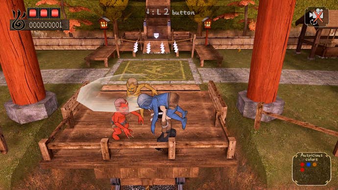 A warrior dodging attacking demons on a funicular railway in the retro Japanese game Incline