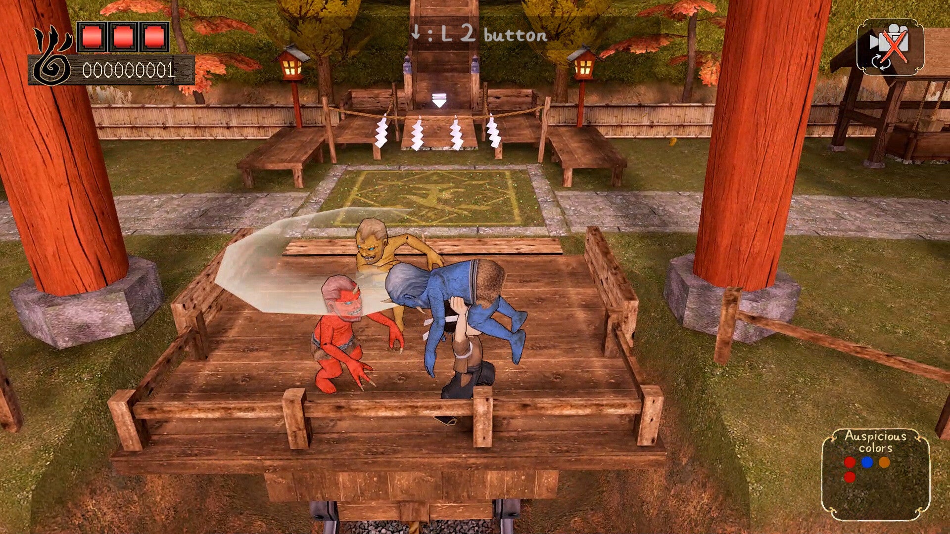 A warrior dodging attacking demons on a funicular railway in the retro Japanese game Incline - 1