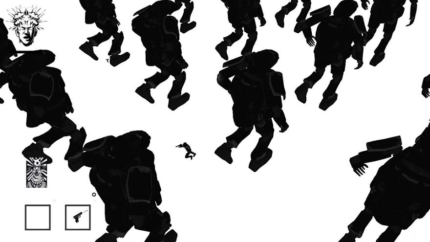 A small humanoid character running through a process of giant robot figures, all presented in black and white