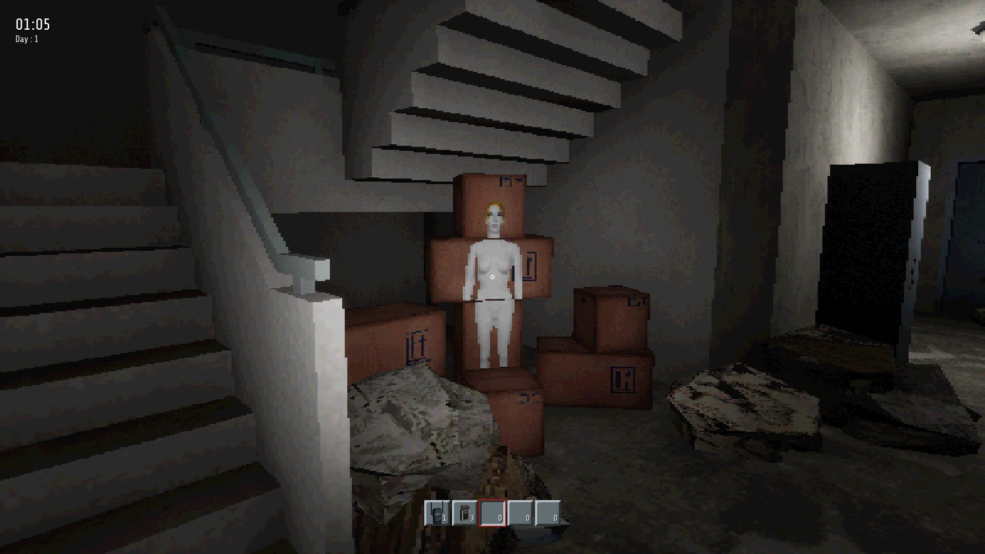 A spooky white figure painted onto stacked cardboard boxes in the concrete stairwell of a gloomy apartment block, from PS1-style horror game Beyond the Doors. - 1