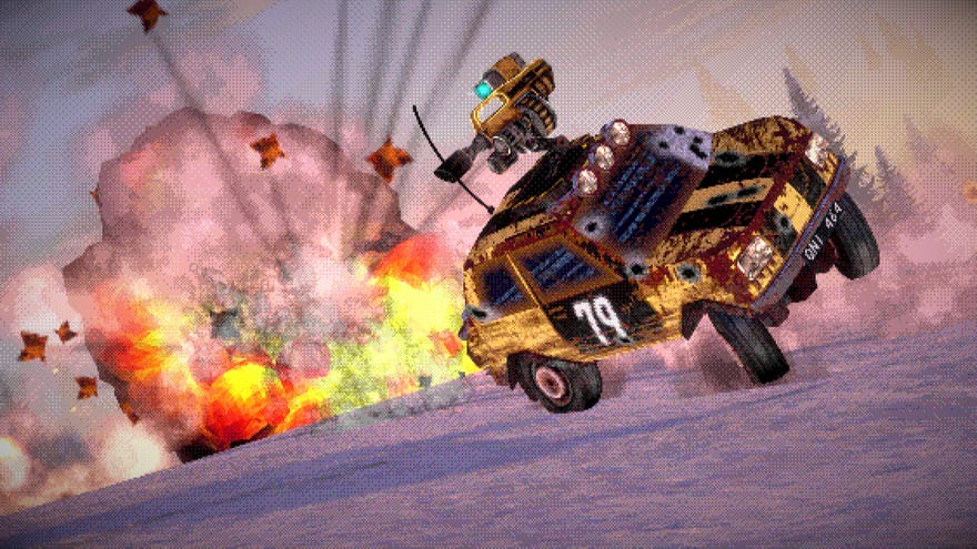 A rally car with a gun on top of it cavorting away from an explosion in open world combat racer Fumes