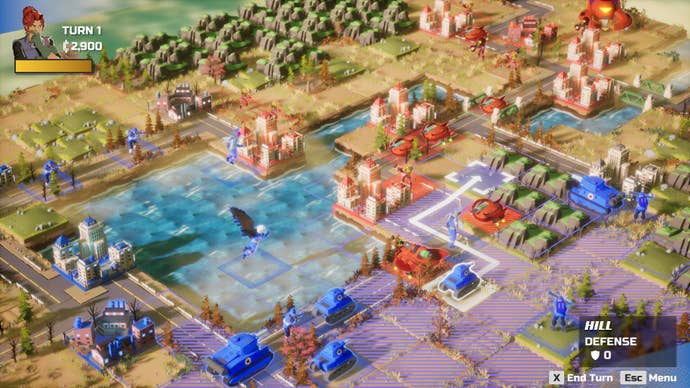 A colourful grid map of blue and red tanks with surrounding greenery in Earth Vs Maps