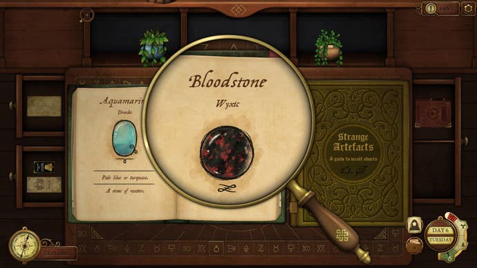 A publication leafage with an illustration of a magical bloodstone seen done an magnifying glass, successful Strange Antiquities
