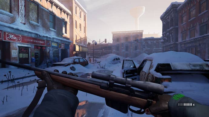 A player holding a rifle in The Long Dark 2 on a snowy city street
