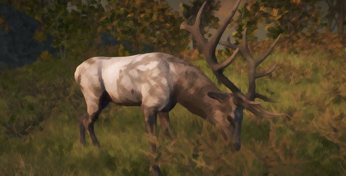 A painterly image of a deer with large antlers eating grass