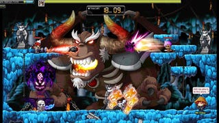 A screenshot from free-to-play MMO MapleStory showing a group of players battling a huge horned boss monster
